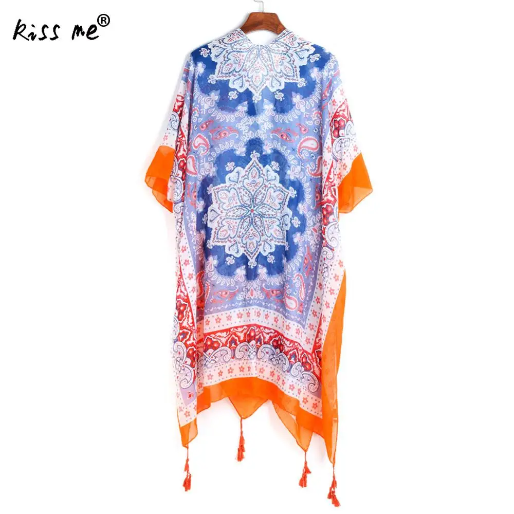 Женский длинный кардиган оранжевый синий с принтом для плавания накидка vestidos
