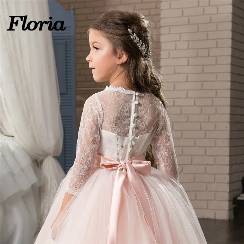 Нарядное бальное платье платья для первого причастия Vestido Longo/Платья с цветочным узором для девочек, длинный рукав розовый, Детские пышные платья для девочек