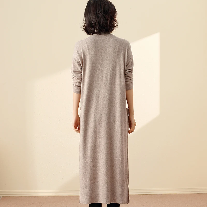 Женский длинный кашемировый шерстяной кардиган вязаный с v-образным вырезом