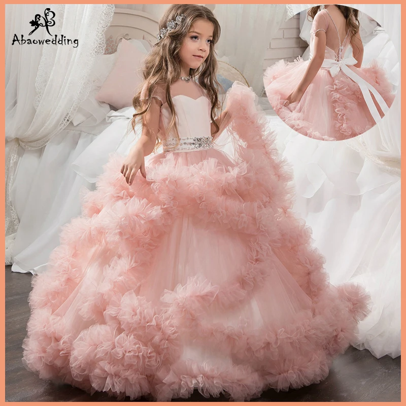 Fancy Puffy Pink Pageant Dresses for Girls Long Kids Ball Gowns Vestidode Tulle Flower Girl Wedding Party | Детская одежда и обувь
