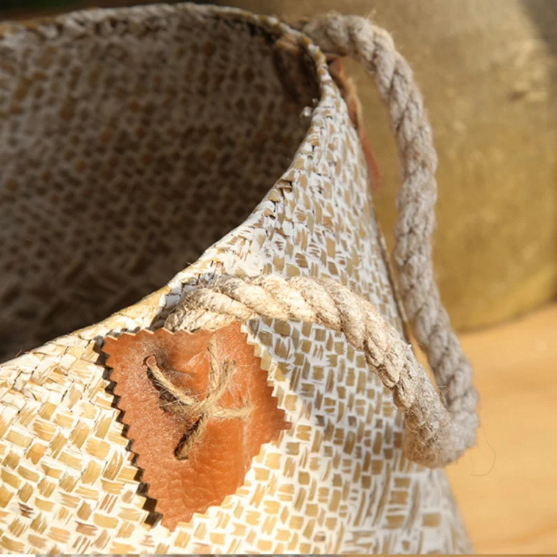 

Foldable Organizer Hand-Woven Straw Storage Baskets for Dirty Clothes Fruit Flowers Storage Baskets Desktop Decoration