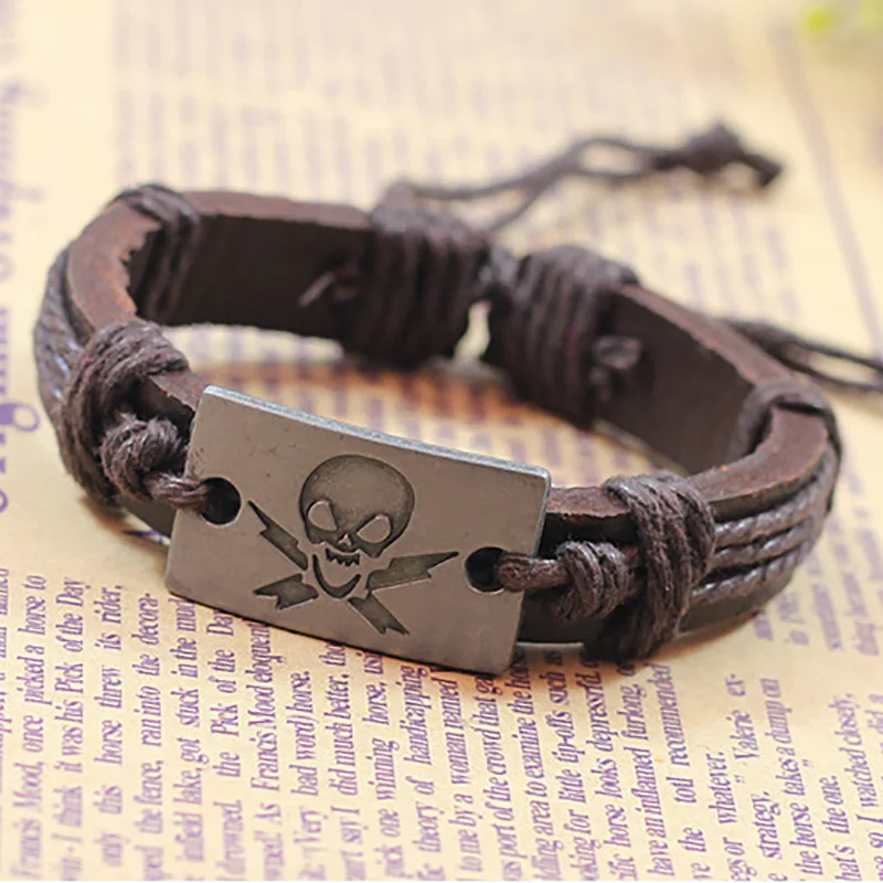 30 шт./лот женские и мужские браслеты с черепом кожаные серебряным покрытием