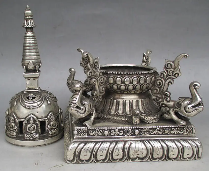 Старая тибетская Серебряная Будда слон пагода статуя ступы| |