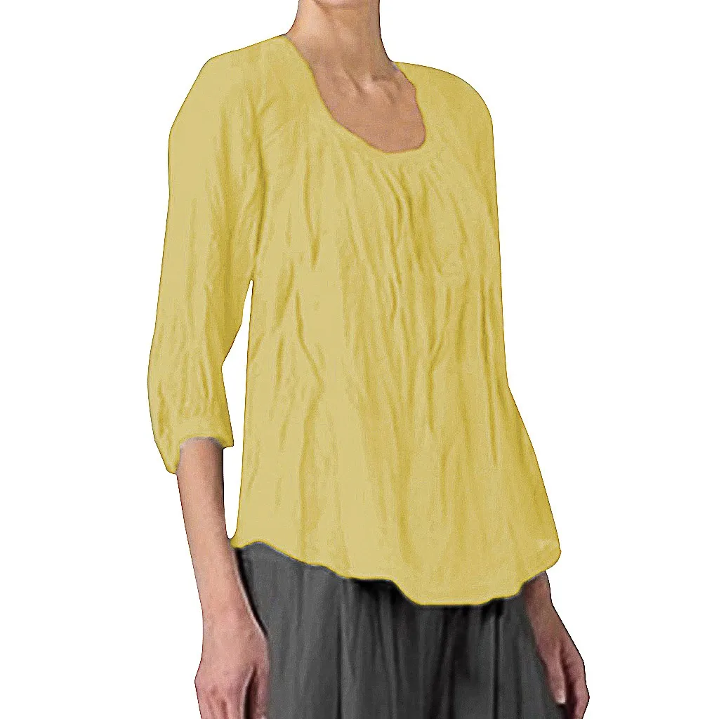 

Three Quarter Sleeve round neck plus size women's solid color casual irregular hem T-shirt Linen top 2019 Summer Leisure 7.3