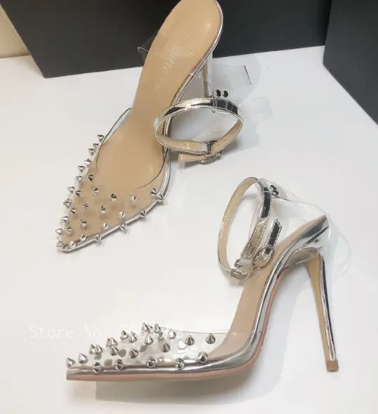 Г.; пикантные прозрачные женские босоножки из ПВХ с заклепками и заклепками; цвет золотой, серебряный; вечерние женские туфли-лодочки на шпильке с пряжкой - Цвет: as pic
