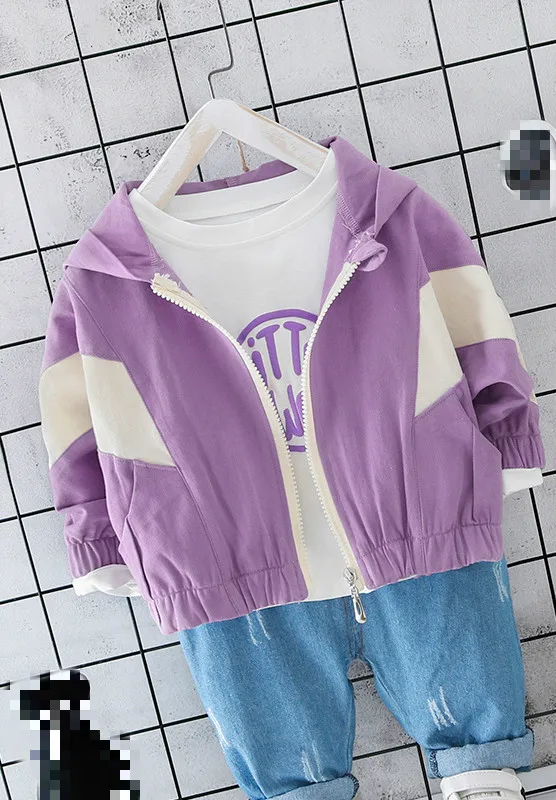 Autumn infant boys girls fashion 3pcs clothes sets cotton letters printed long sleeve T shirt + denim pants hooded jackets |