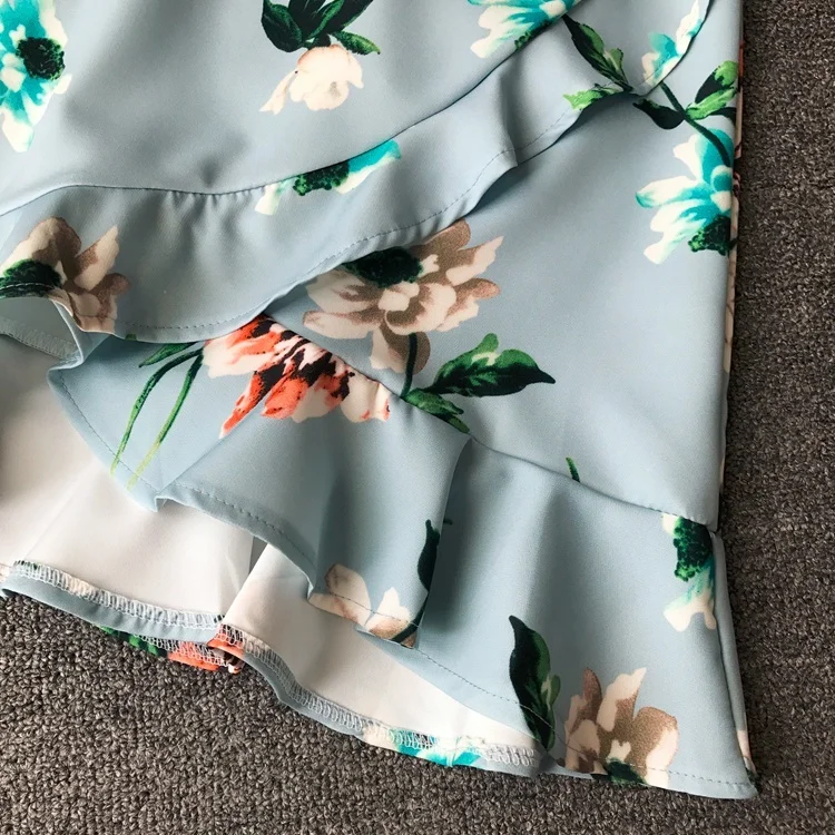 Летние Для женщин Мини платье Высокая Талия с цветочным принтом и пояса оборками