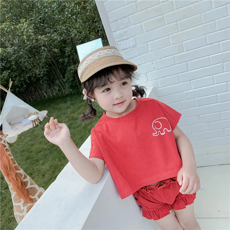 

Baby Girl Summer Clothing Set New Casual Soild Short Sleeve Cartoon Elephant T-shirt+Wood Ear Shorts 2pc Sport Suits For 2-7Yrs
