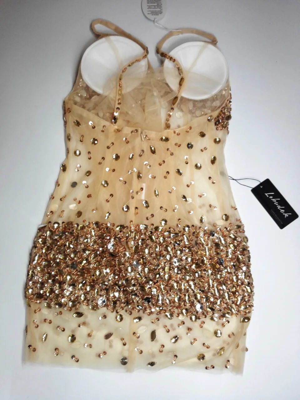 

Sexy slim Strapless Dress Formal Party female singer stage prom one piece short dress Celebration stones gold see through
