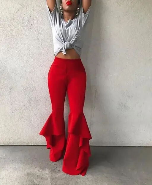 Hippie Women Enthusiastic Red Ruffles Slim Flare Pants Elastic Bottom 2018 Fashion Summer New Wide Leg Trouser Elegant Clothing | Женская