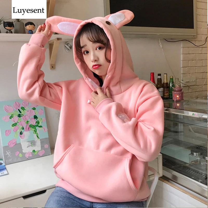 Для женщин Oversize розовый кролик уха с длинным рукавом Симпатичные Femme свободные