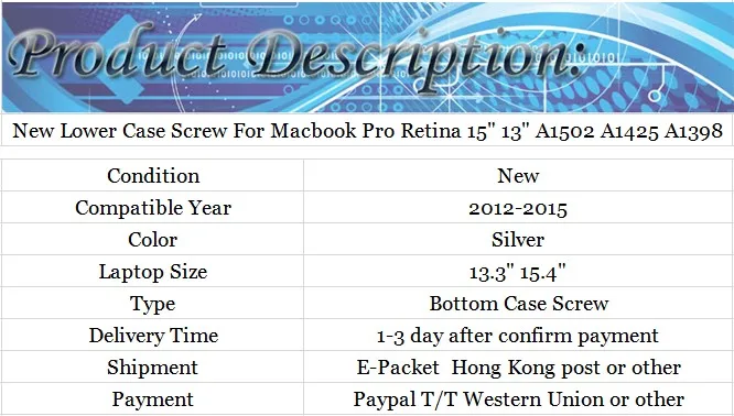 Строчными буквами винт для Macbook Pro retina 1" 13" A1502 A1425 A1398 снизу винт крышки 2012 2013