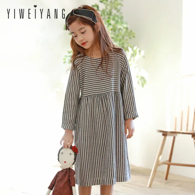 Vintage Girls Dress 2018 New Children's Striped Long-sleeved Cotton Loose The 4-15year Big Girl's Parent-child | Детская одежда