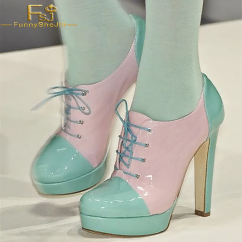 

FSJ Women Shoes Ladies Pumps 2021 Spring Autumn Pink and Turquoise Patent Leather Chunky Heel Platform Plus Size Shoes11 12 13