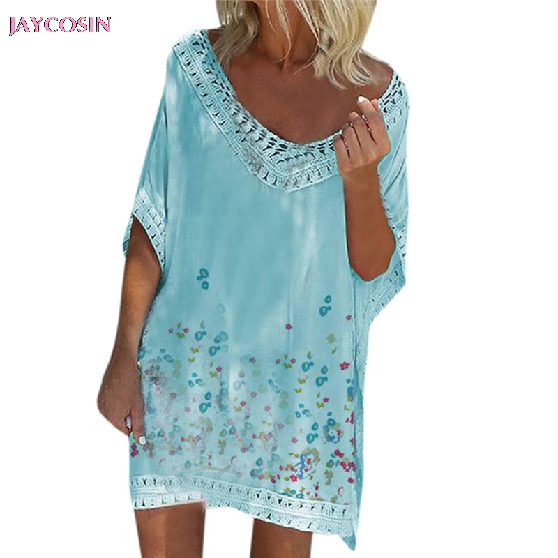 Женское платье с коротким рукавом и принтом летучая мышь пляжная одежда Boho