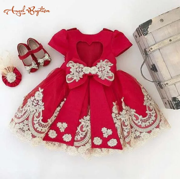 Red ball gown baby girl birthday pageant dresses princess short sleeves keyhole back prom party kids graduation outfit | Детская одежда
