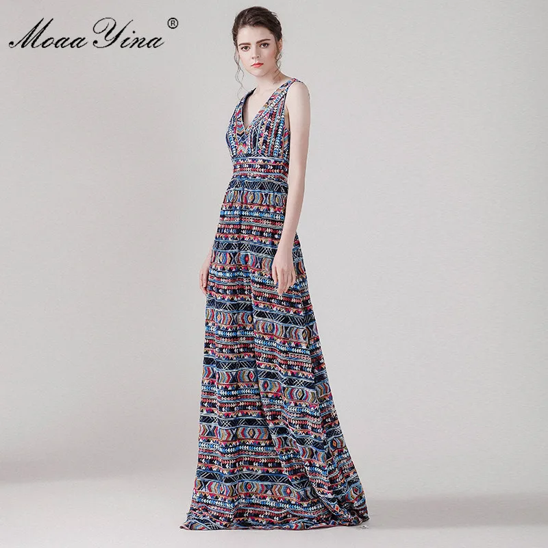 Женское платье без рукавов с V образным вырезом и вышивкой|high quality dress|elegant dressdress |
