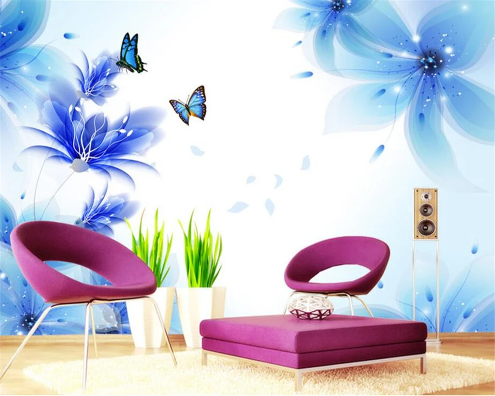 Обои для гостиной спальни 3d обои голубая Лилия Бабочка ТВ фотообои | Обустройство