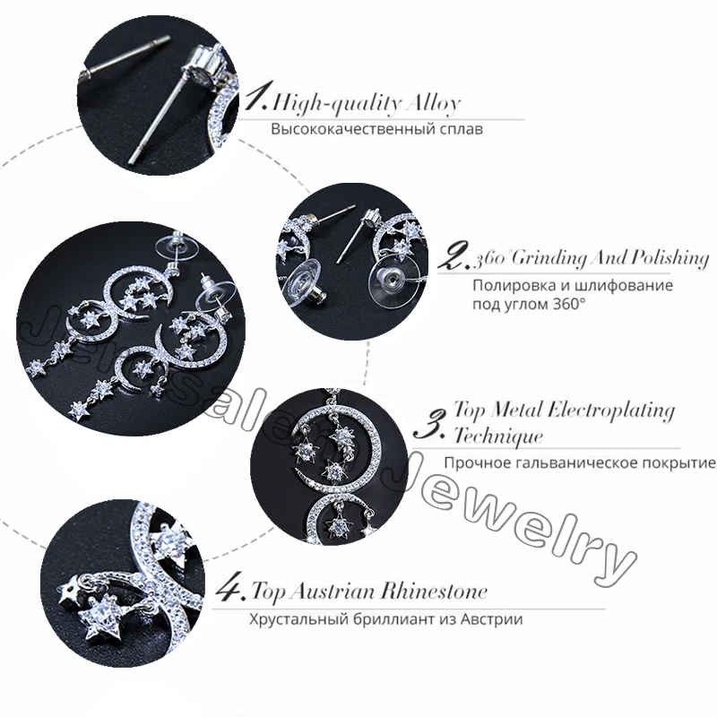 Кристалл Висячие серьги Свадебные Элегантные Moon Star долго мотаться Роскошные