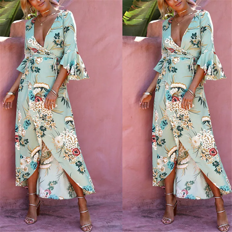 Женское длинное платье в богемном стиле Пляжное Платье макси с v-образным вырезом