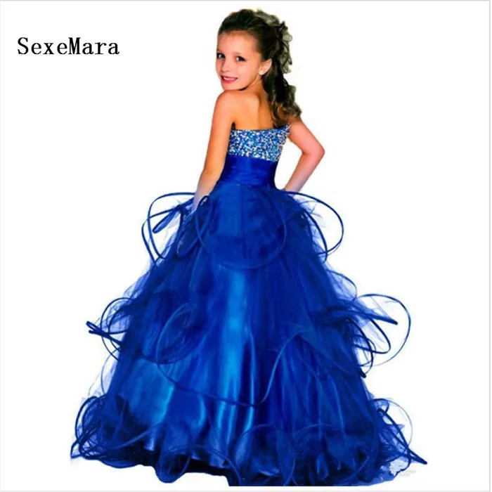 Elegant Royal Blue Floor Length Flower Girl Dress Beading Crystals Puffy Wedding Birthday Pageant Gown Girls | Детская одежда и