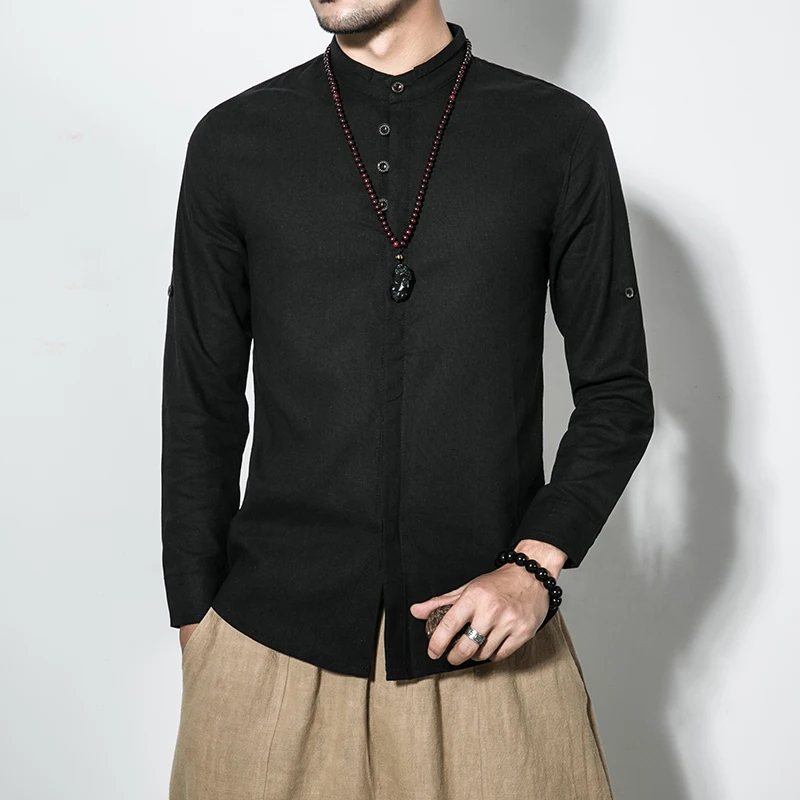 Мужская джинсовая рубашка повседневная приталенная из хлопка и льна с длинным