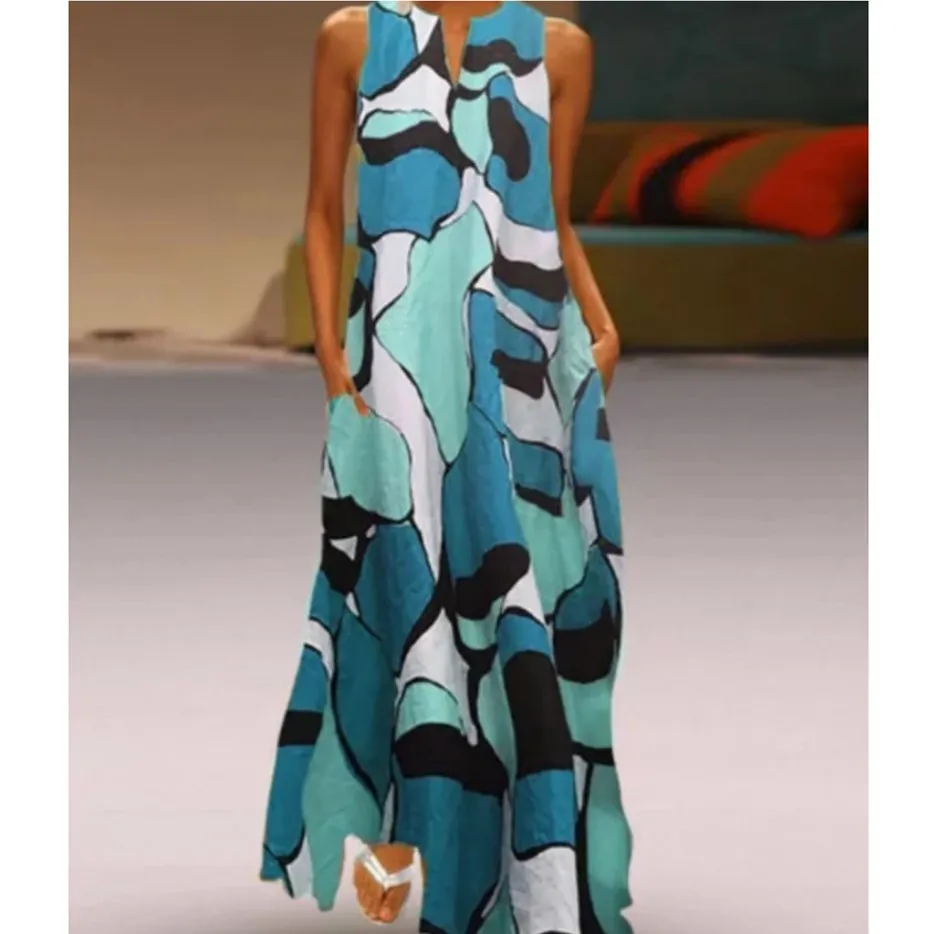 Женское платье без рукавов винтажное длинное с v образным вырезом повседневное