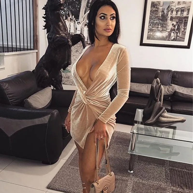 Женское мини платье с длинным рукавом и V образным вырезом|Женские платья| |