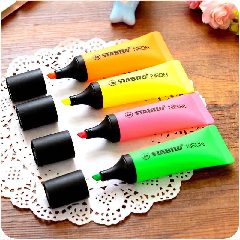 

4pcs Stabilo Neon Highlighter Toothpaste Marker Pen Set Fluorescent Oblique Stationery Office Fax Copy School Supplies A6826