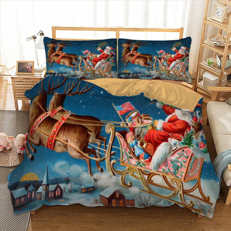 

3D happy christmas Bedding Set xmas duvet cover pillowcase twin full queen king size blue bedclothes 3pcs home textiles drop