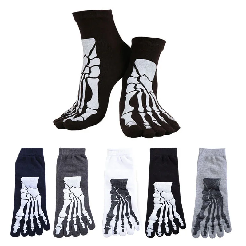 

4Pairs 4 Colors Punk Rock Men's 3D Print Terror Skeleton Toe Socks Hip Hop Scary Skull Five Finger Odd Sox Bone Male Short Socks