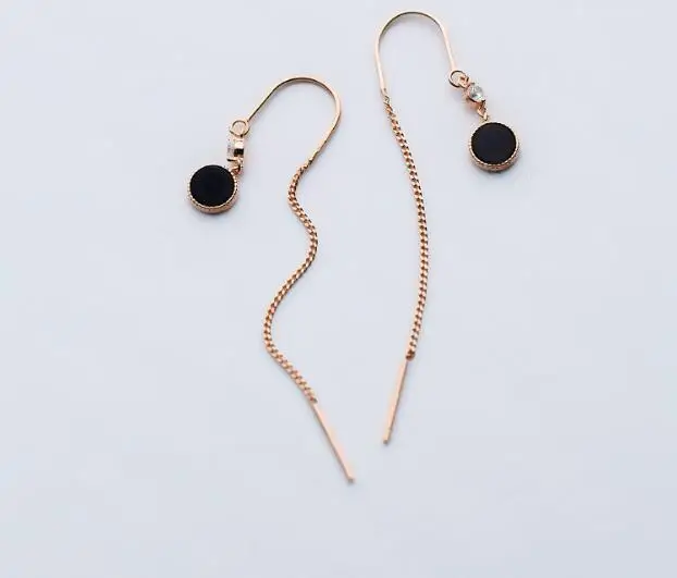 

1pair 100% Real. 925 Sterling Silver Fine Jewelry Black Enamel Round Long Threader Long earrings dangle Rose Gold color gtle1780