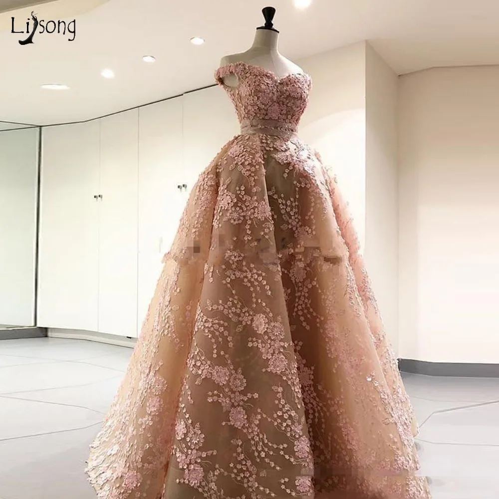 Женское длинное вечернее платье Pretty розовое кружевное цвета шампанского с