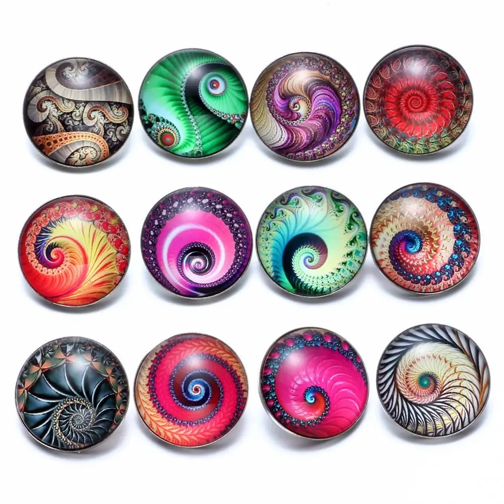 

12pcs/lot New Dizziness Pattern Multi Themes Glass Charms 18mm Snap Button Jewelry For 18mm Snaps Bracelet Snap Jewelry
