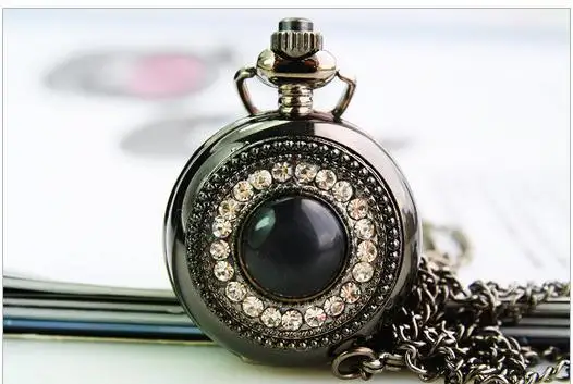 

Wholesale 10 pcs /lot Fashion bronze black rhinestone Spherical quartz Pocket watch necklace with chain High quality