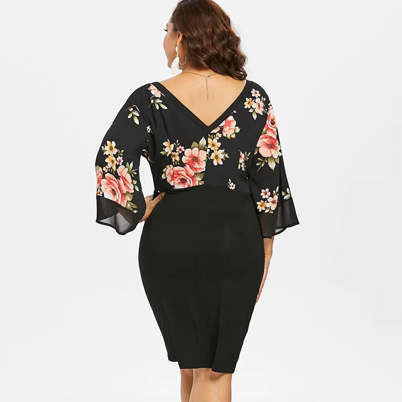 PlusMiss размера плюс 5XL шифон колокол с расклешенными рукавами Платье футляр черный