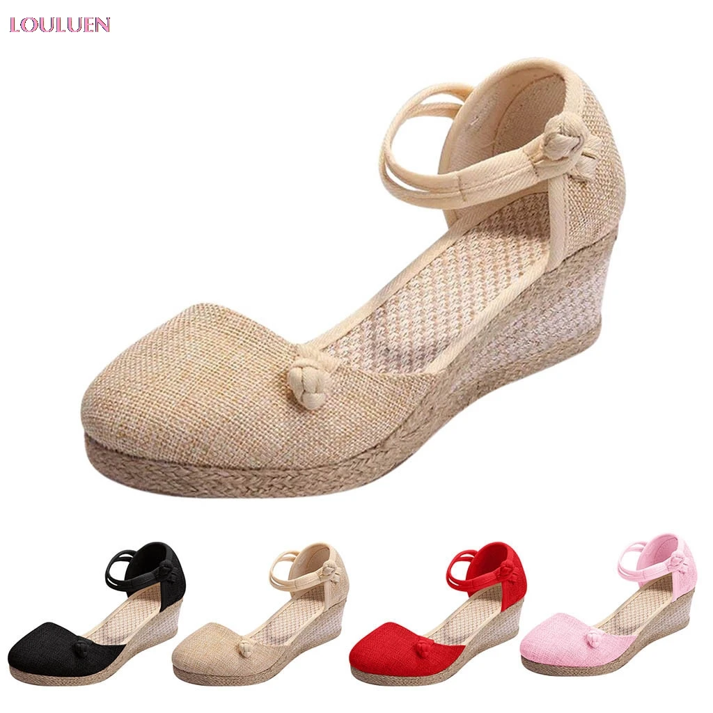 Женские парусиновые сандалии в стиле ретро повседневные туфли на танкетке с