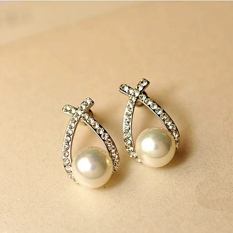 Женские серьги-гвоздики с жемчугом кристаллами | Украшения и аксессуары