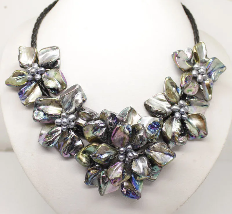 Ручная работа пресноводный жемчуг черный 5 Sea Shell цветок кожа Цепочки и ожерелья