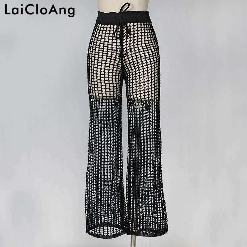 LaiCloAng, выдалбливают, вязанные, высокая талия, брюки для женщин, на завязках, хлопок, сексуальные, женские брюки, свободные, пляжные, повседневные, женские штаны - Цвет: Черный