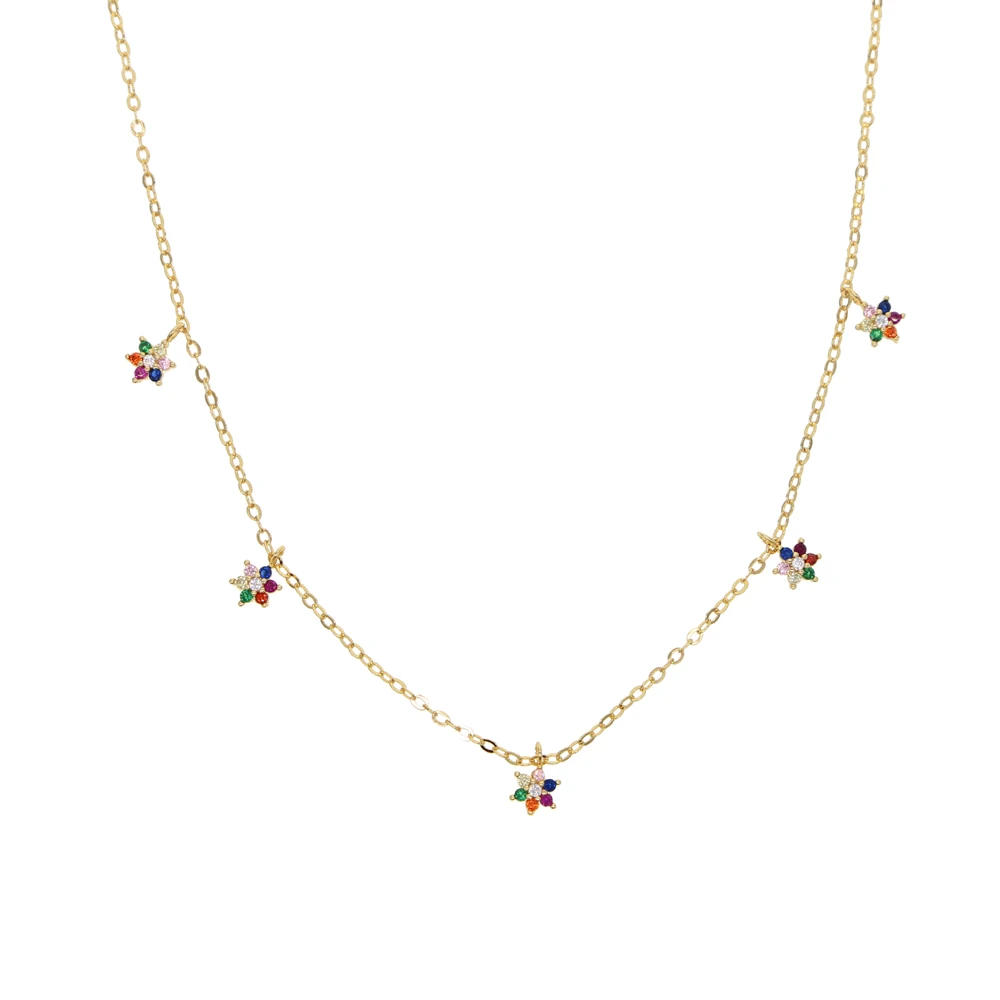 

2020 Summer Sea Fashion High Quality Multi Pendant Flower Star Dangle Necklace For Women Paved Rainbow CZ In Gold Flower Jewelry