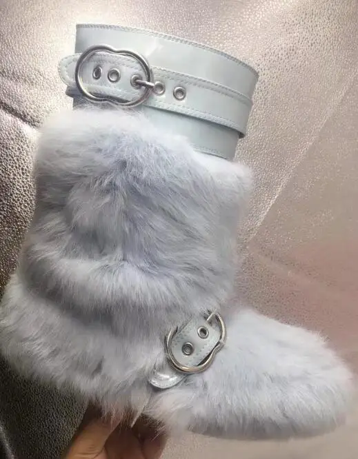 Зимняя брендовая женский черный/красный/голубой Лакированная кожа Кролик Мех