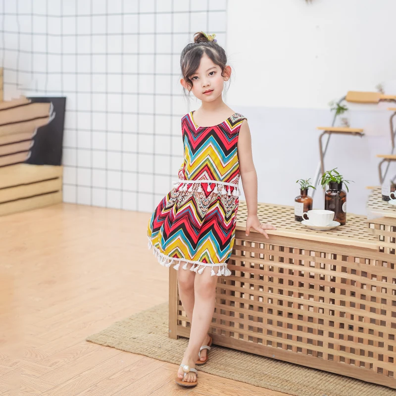 Wave Striped Designer England Style Baby Girls Clothing Summer Sleeveless Children Clothes Kids Cotton Party Dress Knee Length | Детская