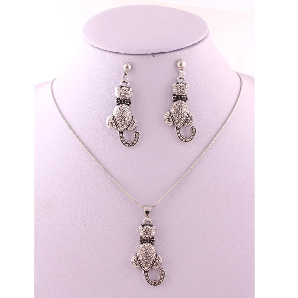 5 комплектов ожерелье и серьги с подвеской в виде кошки со сверкающими