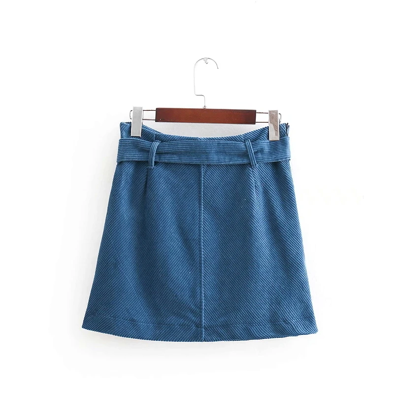Bella Philosophy 2018 autumn corduroy mini skirt with belt faldas mujer high street office ladies side zipper slim wear | Женская одежда