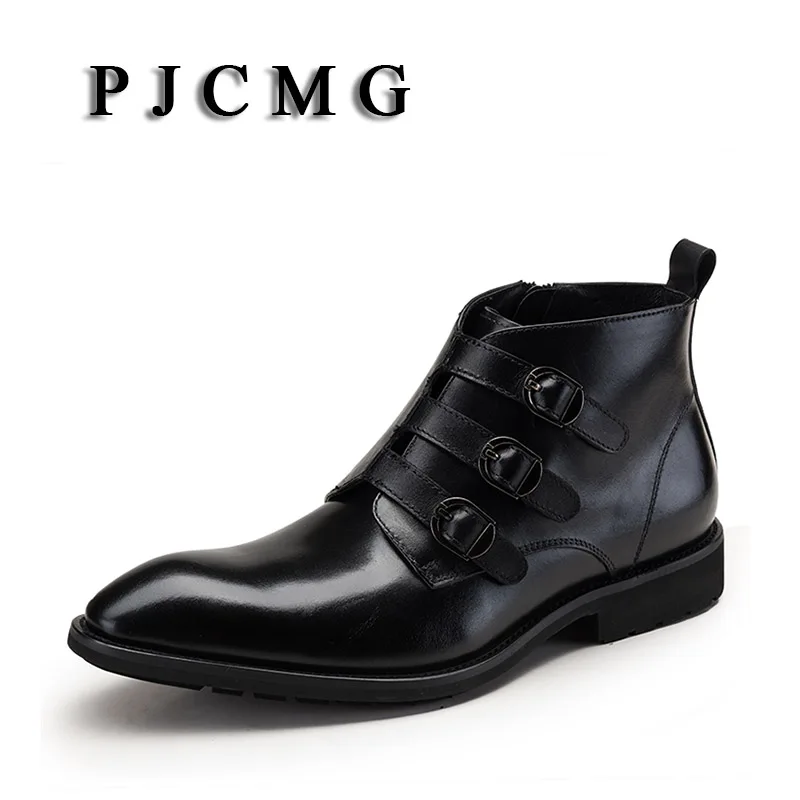 PJCMG/мужские ботинки высокого качества Цвет черный красный с ремешком и пряжкой