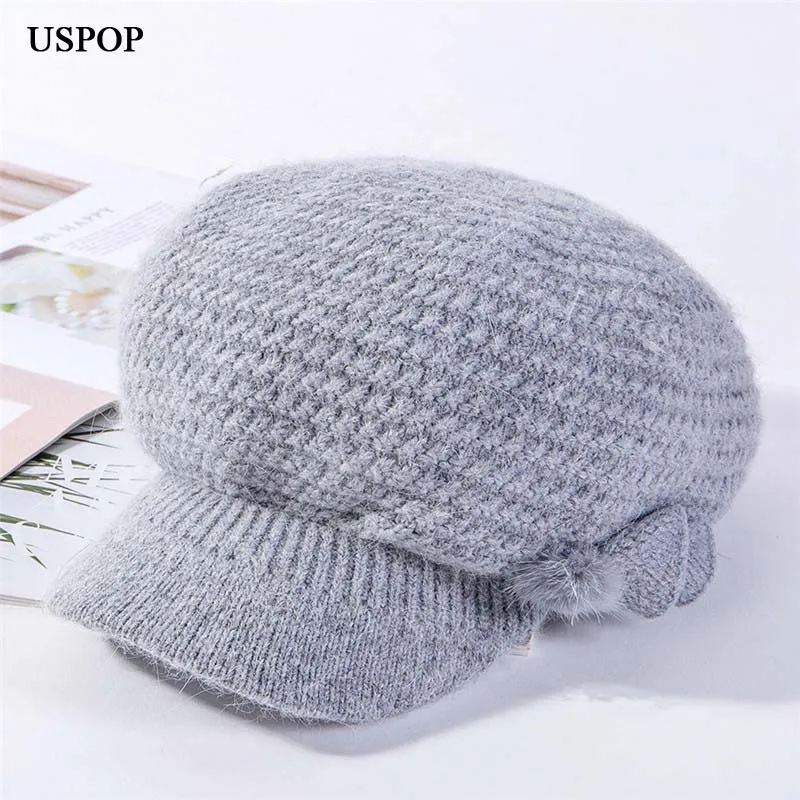 Женская вязаная восьмиугольная шапка USPOP толстая теплая с бархатной подкладкой