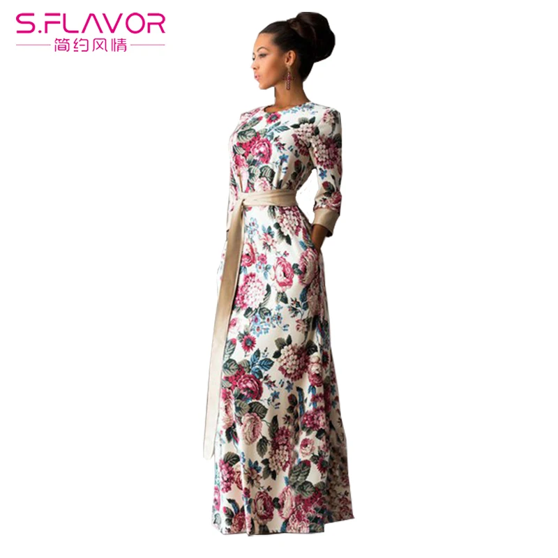 S. FLAVOR новинка весны Женское Платье макси с принтом рукав три четверти элегантное