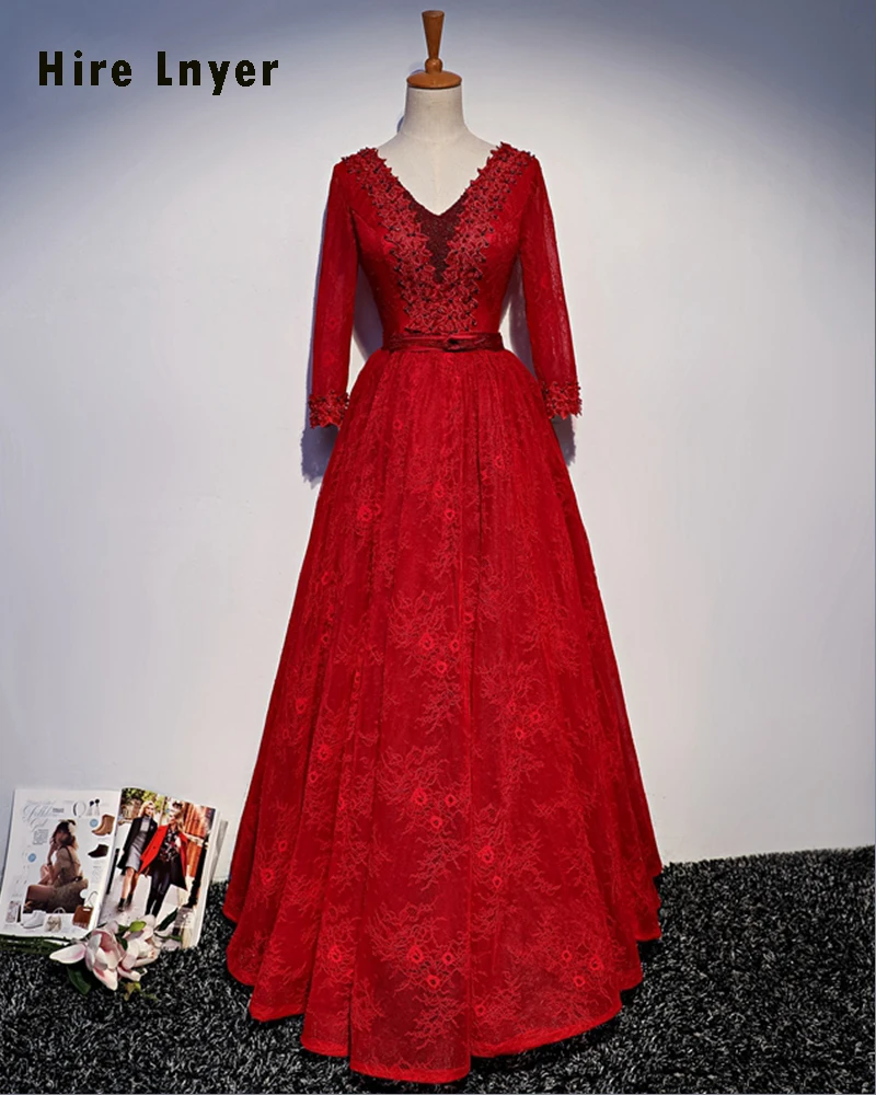 Новое поступление Красное Кружевное Вечерние платья Vestido De Festa с v-образным