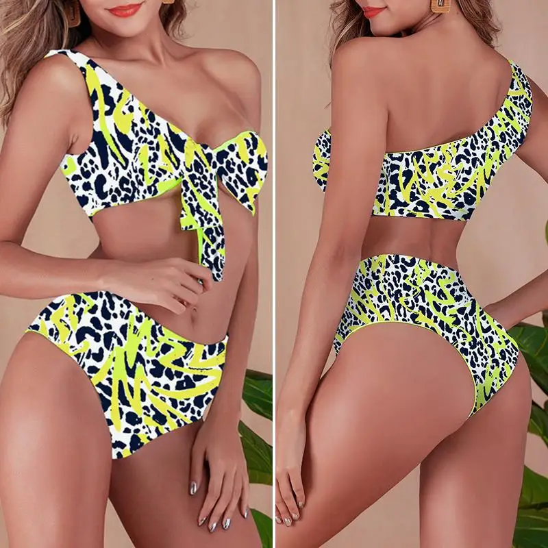 Mossha/бикини с леопардовым принтом пуш-ап купальник на одно плечо женский узлом